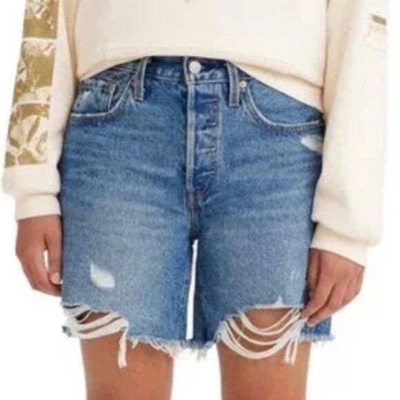 NEW Levi’s 501 High Rise Mid Thigh Distressed Denim Shorts 31 - Picture 8 of 9